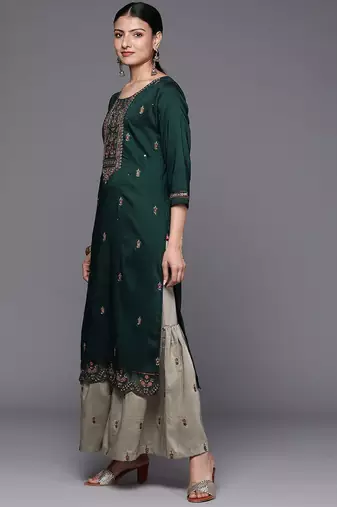 Floral Yoke Design Thread Work Kurta with Sharara & With Dupatta