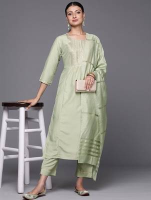 Women Embroidered Sequinned Kurta with Trousers & With Dupatta 7