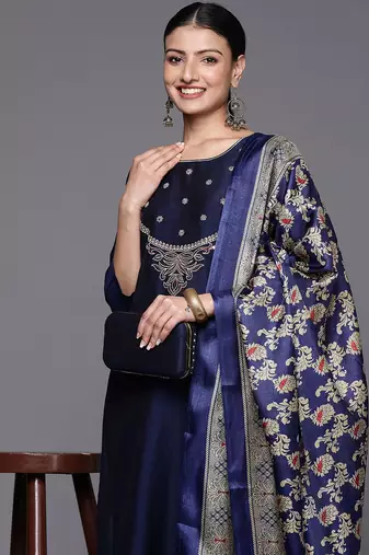 Women Embroidered Sequinned Silk Kurta with Trousers & Dupatta