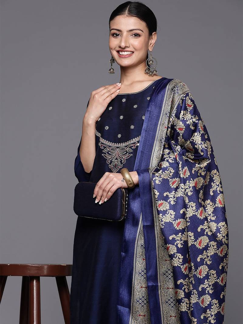 Women Embroidered Sequinned Silk Kurta with Trousers & Dupatta