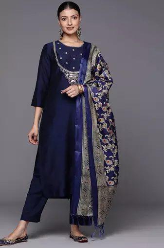 Women Embroidered Sequinned Silk Kurta with Trousers & Dupatta