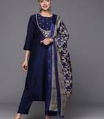 Women Embroidered Sequinned Silk Kurta with Trousers & Dupatta