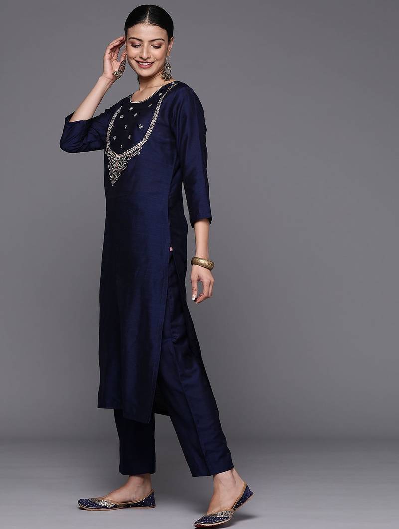 Women Embroidered Sequinned Silk Kurta with Trousers & Dupatta