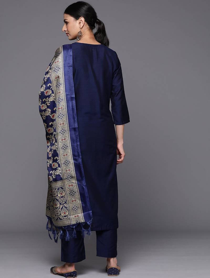 Women Embroidered Sequinned Silk Kurta with Trousers & Dupatta