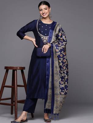 Women Embroidered Sequinned Silk Kurta with Trousers & Dupatta 8