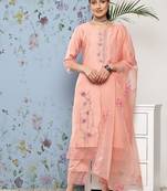Women Peach-Coloured Floral Embroidered Thread Work Kurta with Trousers & With Dupatta