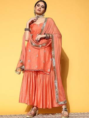 Ethnic Motifs Embroidered Thread Work Kurta with Sharara & Dupatta 1