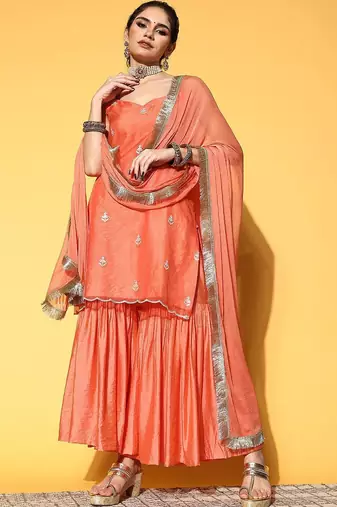 Ethnic Motifs Embroidered Thread Work Kurta with Sharara & Dupatta
