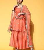 Ethnic Motifs Embroidered Thread Work Kurta with Sharara & Dupatta