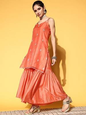 Ethnic Motifs Embroidered Thread Work Kurta with Sharara & Dupatta 4