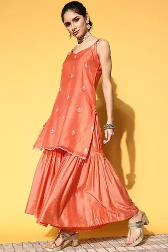 Ethnic Motifs Embroidered Thread Work Kurta with Sharara & Dupatta