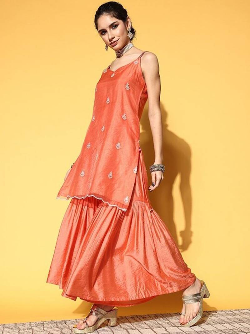 Ethnic Motifs Embroidered Thread Work Kurta with Sharara & Dupatta