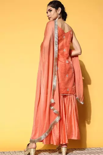 Ethnic Motifs Embroidered Thread Work Kurta with Sharara & Dupatta