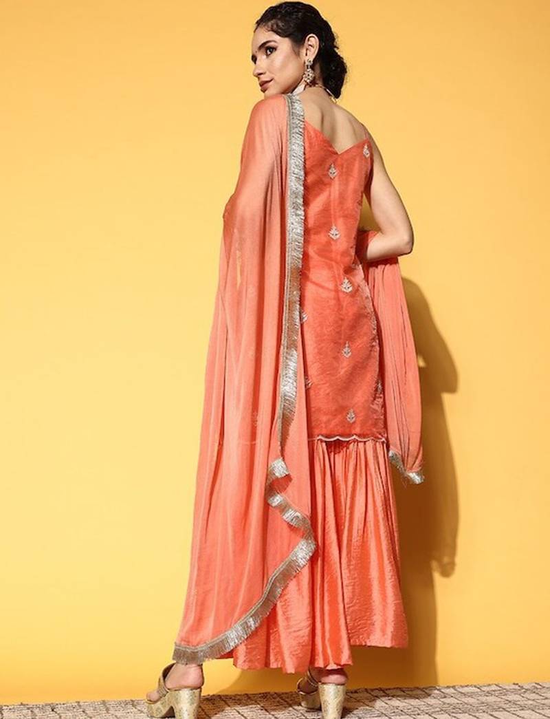 Ethnic Motifs Embroidered Thread Work Kurta with Sharara & Dupatta