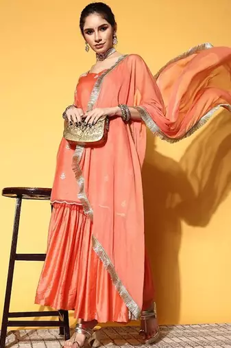 Ethnic Motifs Embroidered Thread Work Kurta with Sharara & Dupatta