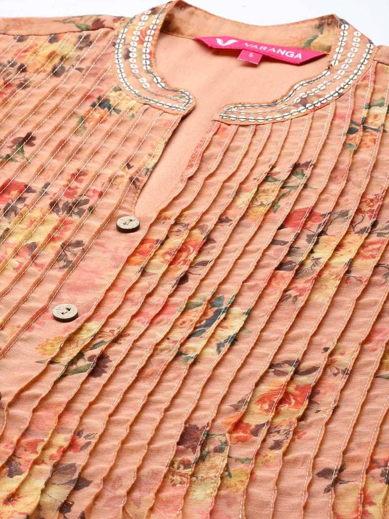 Women Floral Printed Sequinned Chanderi Silk Kurta Set