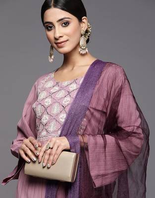 Women Mauve Ethnic Motifs Yoke Design Kurta with Trousers & With Dupatta 2