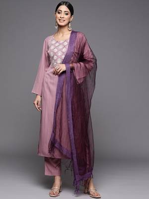 Women Mauve Ethnic Motifs Yoke Design Kurta with Trousers & With Dupatta 1