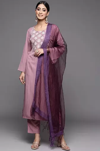 Women Mauve Ethnic Motifs Yoke Design Kurta with Trousers & With Dupatta