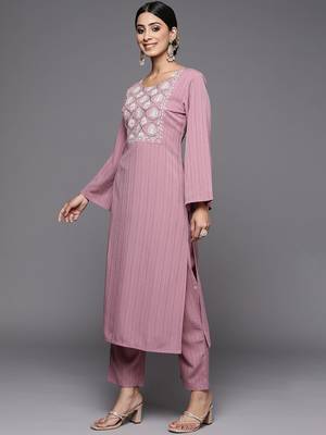 Women Mauve Ethnic Motifs Yoke Design Kurta with Trousers & With Dupatta 6
