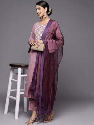 Women Mauve Ethnic Motifs Yoke Design Kurta with Trousers & With Dupatta 8