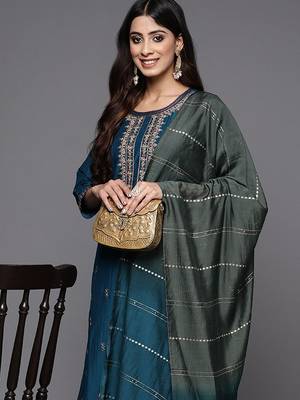 Women Teal Ethnic Motifs Embroidered Thread Work Kurta with Sharara & With Dupatta 2