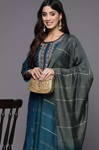 Women Teal Ethnic Motifs Embroidered Thread Work Kurta with Sharara & With Dupatta