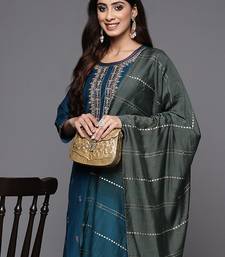 Women Teal Ethnic Motifs Embroidered Thread Work Kurta with Sharara & With Dupatta