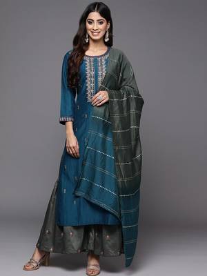Women Teal Ethnic Motifs Embroidered Thread Work Kurta with Sharara & With Dupatta 1