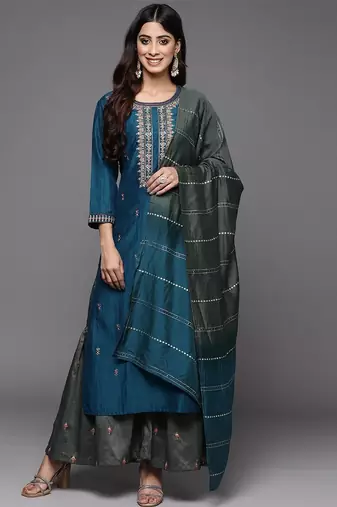 Women Teal Ethnic Motifs Embroidered Thread Work Kurta with Sharara & With Dupatta