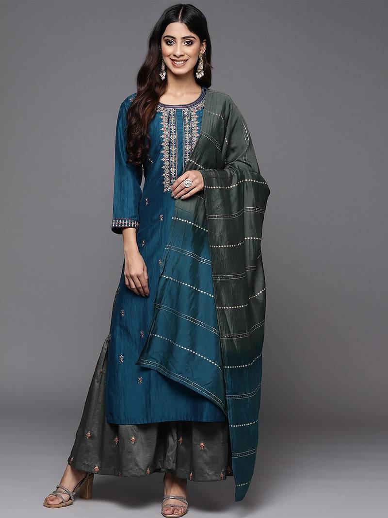 Women Teal Ethnic Motifs Embroidered Thread Work Kurta with Sharara & With Dupatta