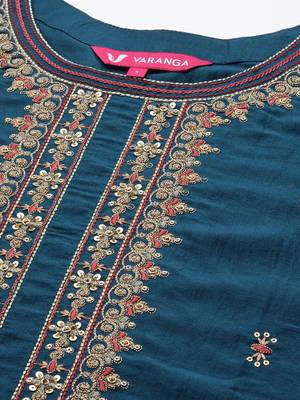 Women Teal Ethnic Motifs Embroidered Thread Work Kurta with Sharara & With Dupatta 3