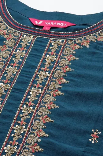 Women Teal Ethnic Motifs Embroidered Thread Work Kurta with Sharara & With Dupatta