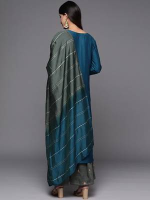 Women Teal Ethnic Motifs Embroidered Thread Work Kurta with Sharara & With Dupatta 7