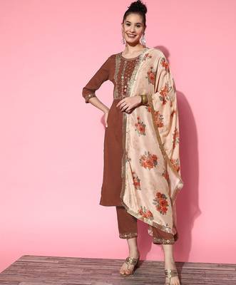 Women Rust Ethnic Motifs Embroidered Kurta with Trousers & With Dupatta 1