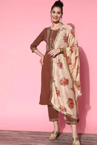 Women Rust Ethnic Motifs Embroidered Kurta with Trousers & With Dupatta
