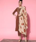 Women Rust Ethnic Motifs Embroidered Kurta with Trousers & With Dupatta
