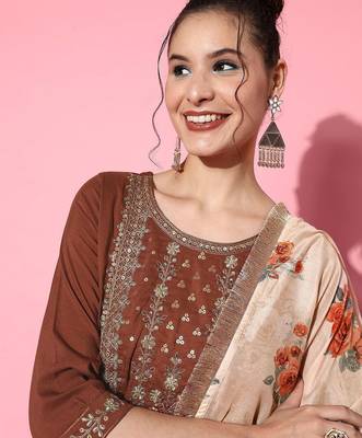 Women Rust Ethnic Motifs Embroidered Kurta with Trousers & With Dupatta 2