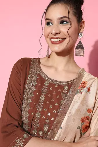 Women Rust Ethnic Motifs Embroidered Kurta with Trousers & With Dupatta