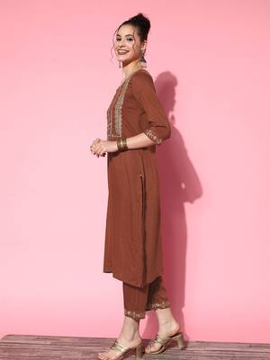 Women Rust Ethnic Motifs Embroidered Kurta with Trousers & With Dupatta 4