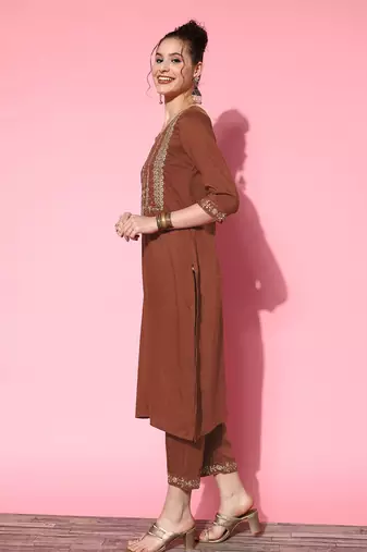 Women Rust Ethnic Motifs Embroidered Kurta with Trousers & With Dupatta