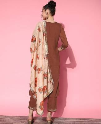 Women Rust Ethnic Motifs Embroidered Kurta with Trousers & With Dupatta 5
