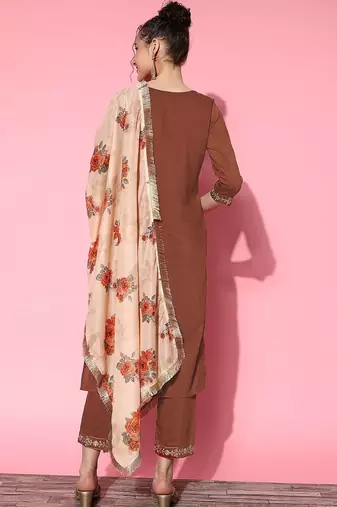 Women Rust Ethnic Motifs Embroidered Kurta with Trousers & With Dupatta