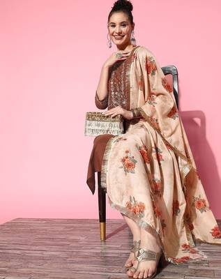Women Rust Ethnic Motifs Embroidered Kurta with Trousers & With Dupatta 6
