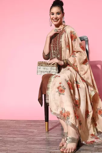 Women Rust Ethnic Motifs Embroidered Kurta with Trousers & With Dupatta