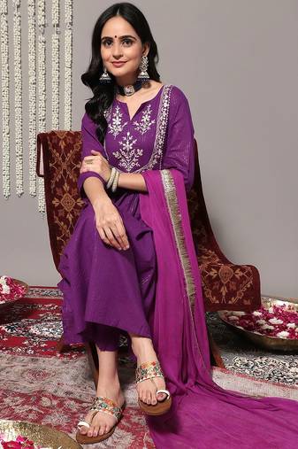 Women Purple Ethnic Motifs Yoke Design Pure Cotton Kurta with Trousers & Dupatta