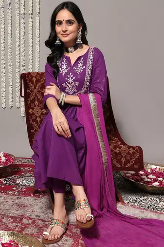 Women Purple Ethnic Motifs Yoke Design Pure Cotton Kurta with Trousers & Dupatta
