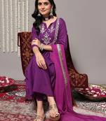 Women Purple Ethnic Motifs Yoke Design Pure Cotton Kurta with Trousers & Dupatta