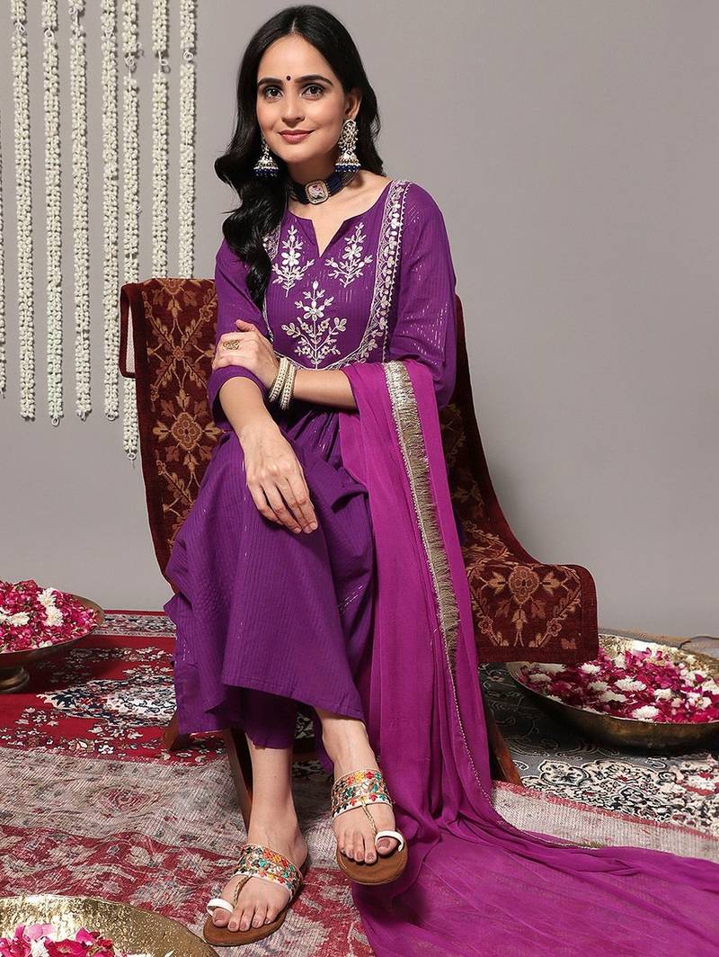 Women Purple Ethnic Motifs Yoke Design Pure Cotton Kurta with Trousers & Dupatta