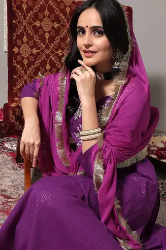 Women Purple Ethnic Motifs Yoke Design Pure Cotton Kurta with Trousers & Dupatta